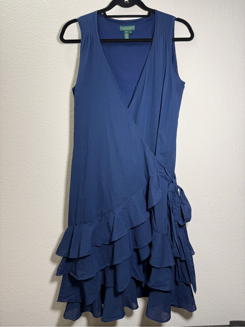 Lauren Ralph Lauren Navy Blue Ruffle Wrap Dress Cotton Midi Tiered Sz M Flounce
